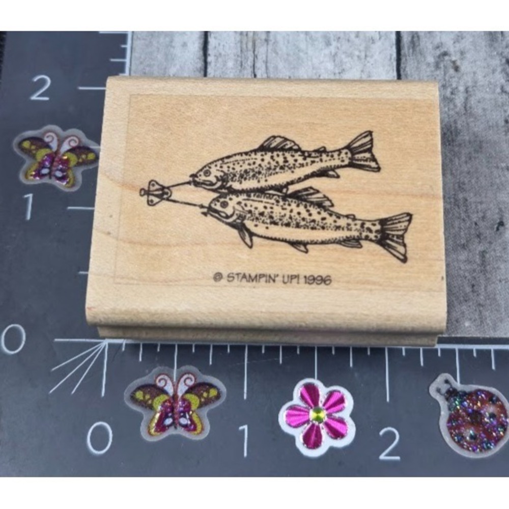 Stampin' Up! Two Fish Line Fishing Trout Salmon 1996 Rubber Stamp Wood #B99